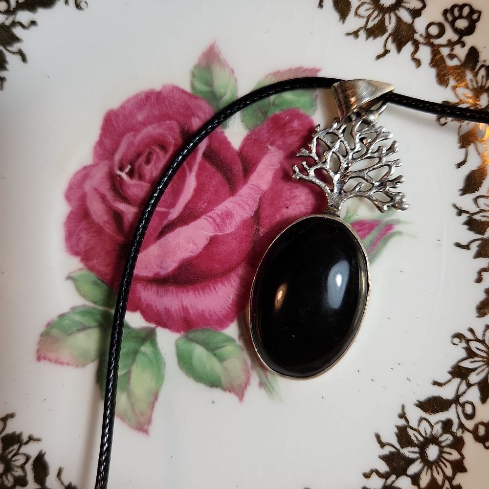 Sleek, New, Natural Blk Onyx Cabochon Pendant With 1.5mm Blk Waxed Woven Cord.